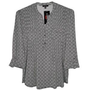 Cocomo Women's Size XL Black & Light Blue Hints Geo Print Pintuck 3/4 Sleeve Top